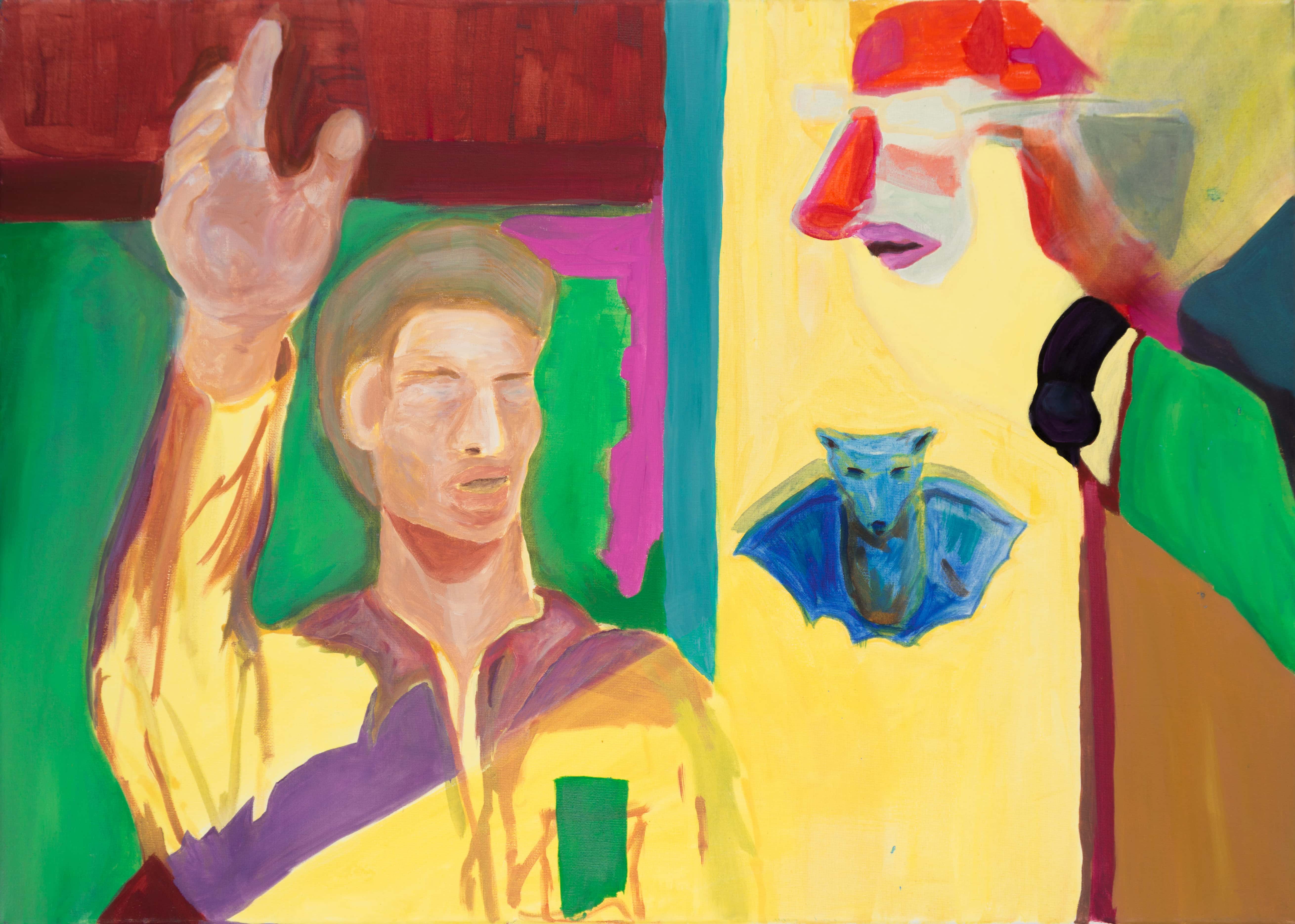 Malerei, Öl auf Leinwand, 70cm x 50cm, Mann, Clownmaske und blaue Fledermaus, artist: Franziska King