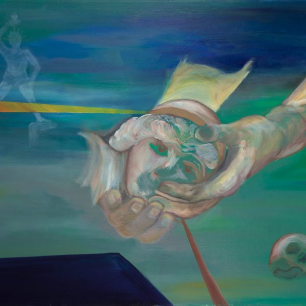 Malerei, Öl auf Leinwand, 80cm x 60cm, Koloss von Rhodos im Hintergrund , Hände mit Kopf im Vordergrund, artist: Franziska King