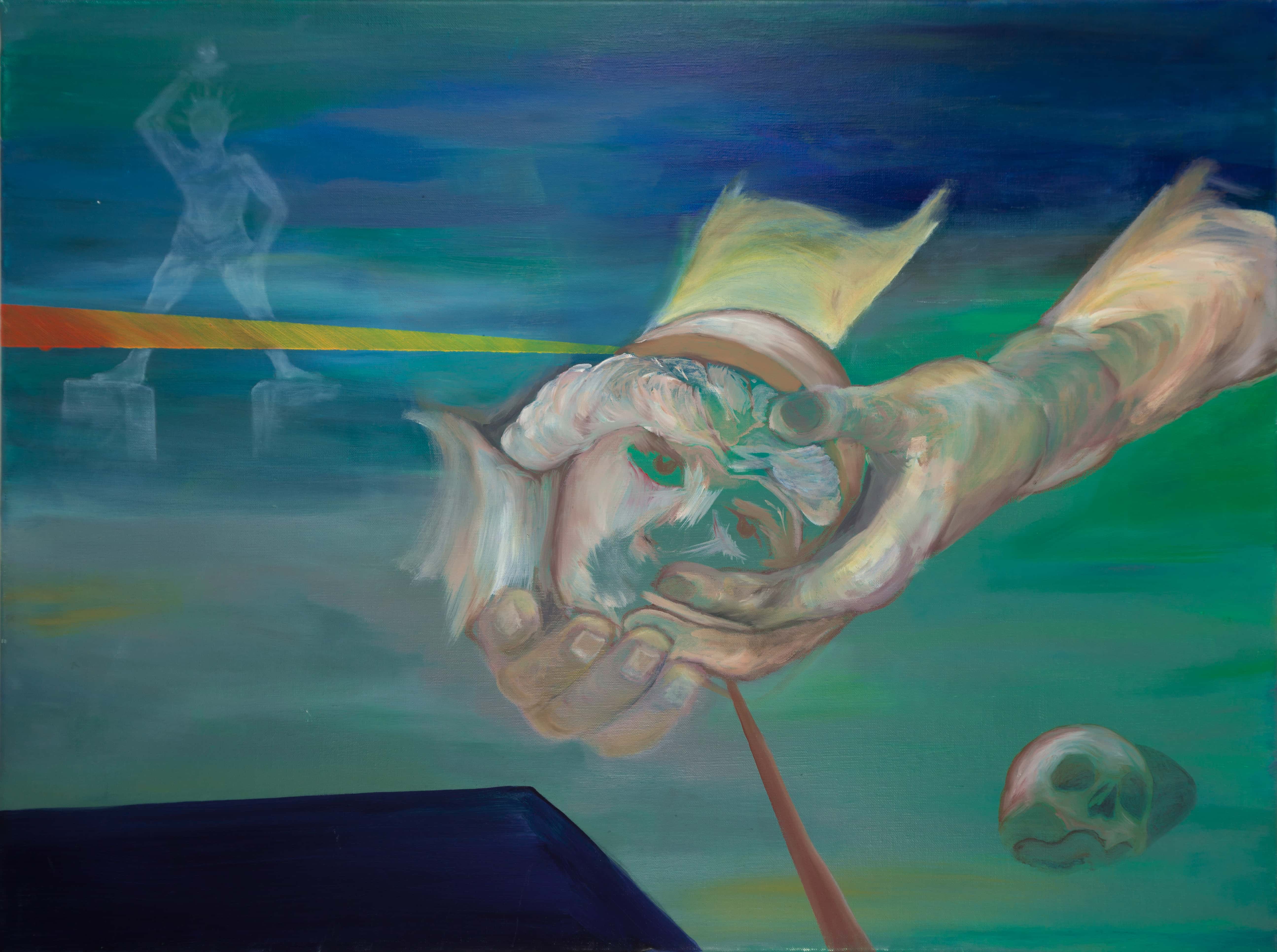 Malerei, Öl auf Leinwand, 80cm x 60cm, Koloss von Rhodos im Hintergrund , Hände mit Kopf im Vordergrund, artist: Franziska King