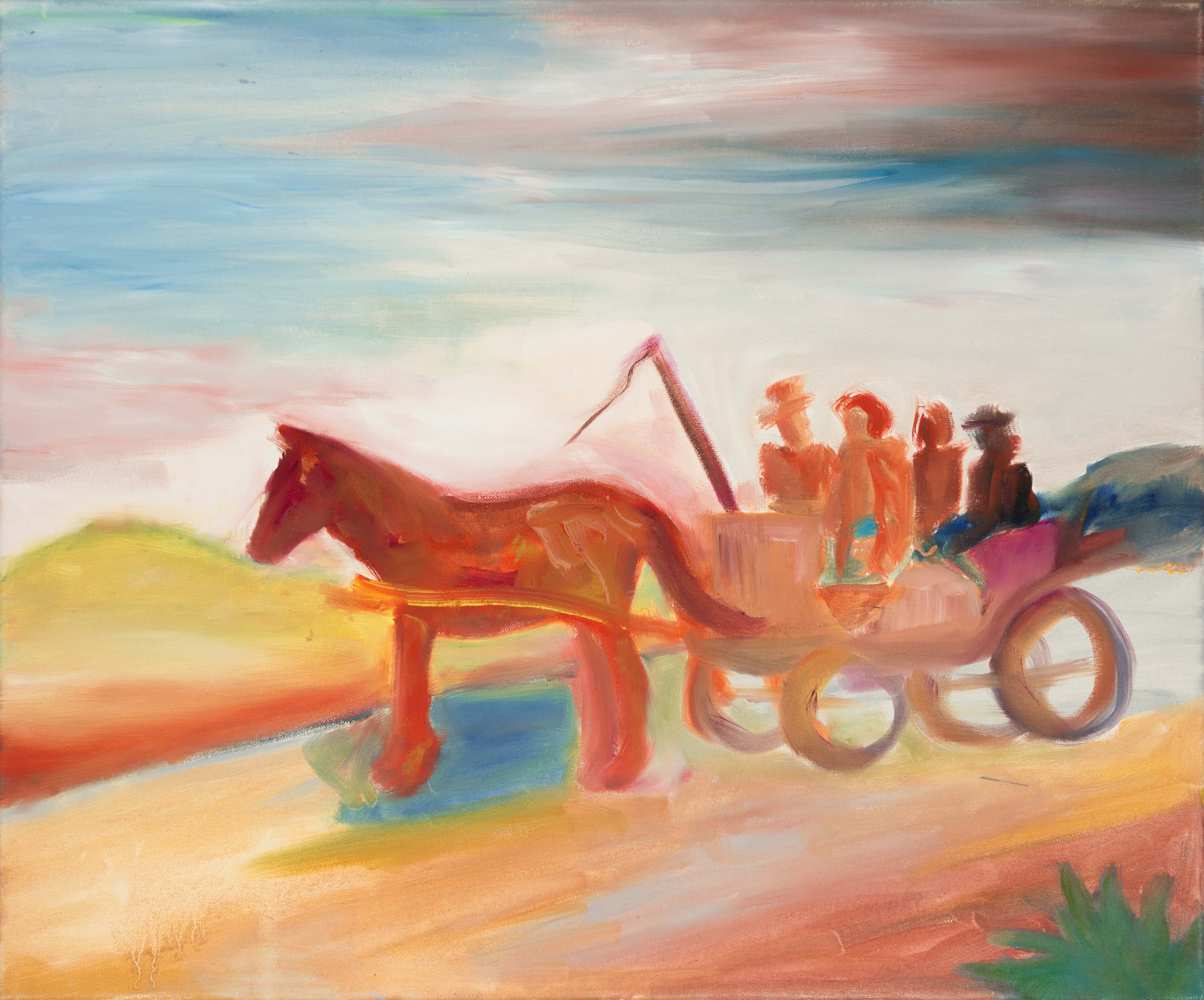 Malerei, Öl auf Leinwand, 60cm x 50cm, 4 Figuren auf Pferdekutsche, artist: Franziska King