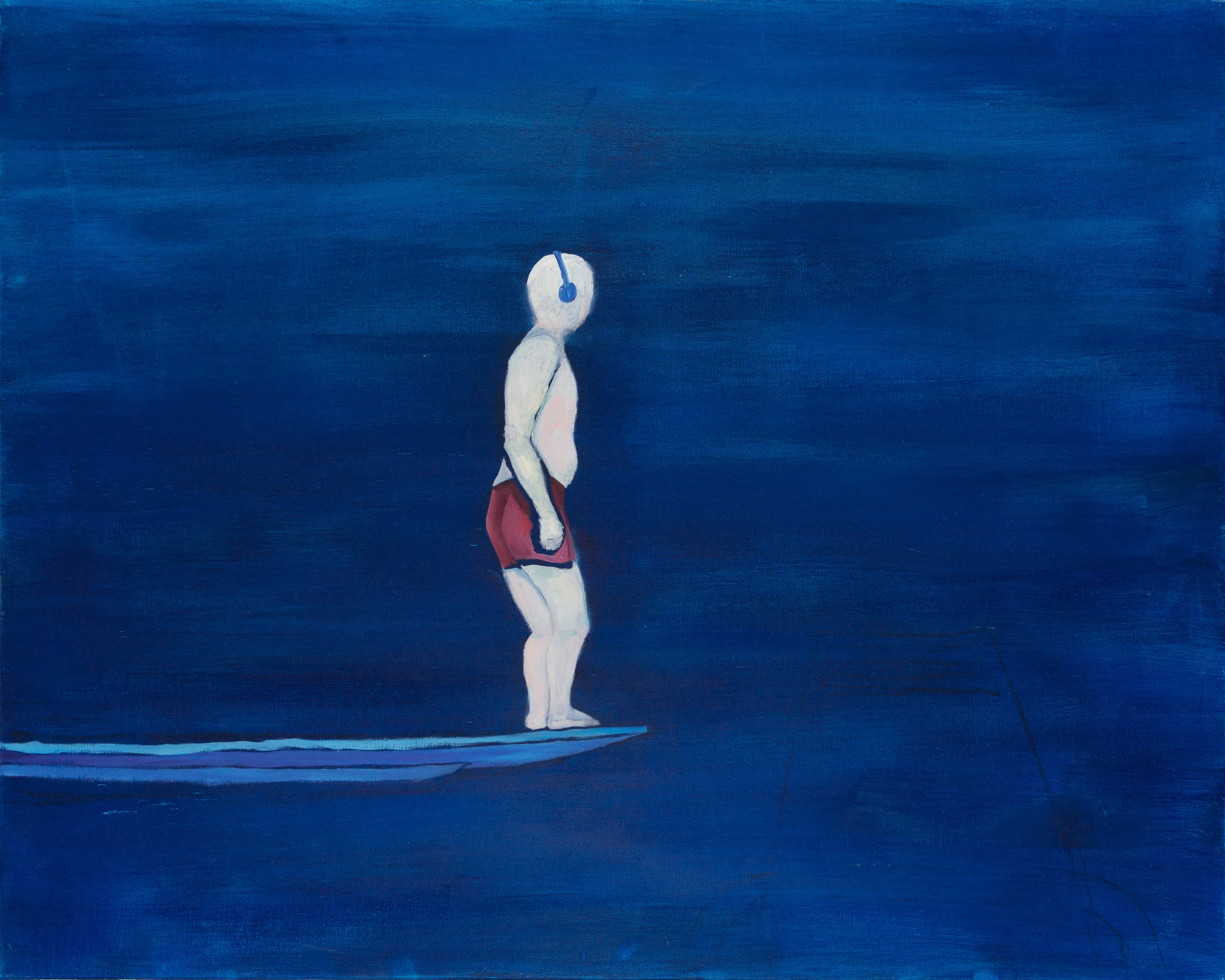 Malerei, Öl auf Leinwand, 100cm x 80cm, Mann auf dem Sprungbrett im Schwimmbad, artist: Franziska King