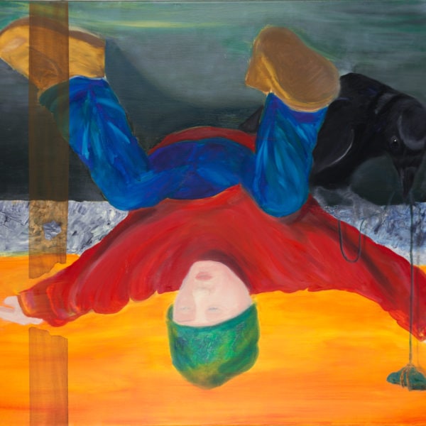 Malerei, Öl auf Leinwand, 80cm x 60cm, Figur kopfüber hängend mit Raben, artist: Franziska King
