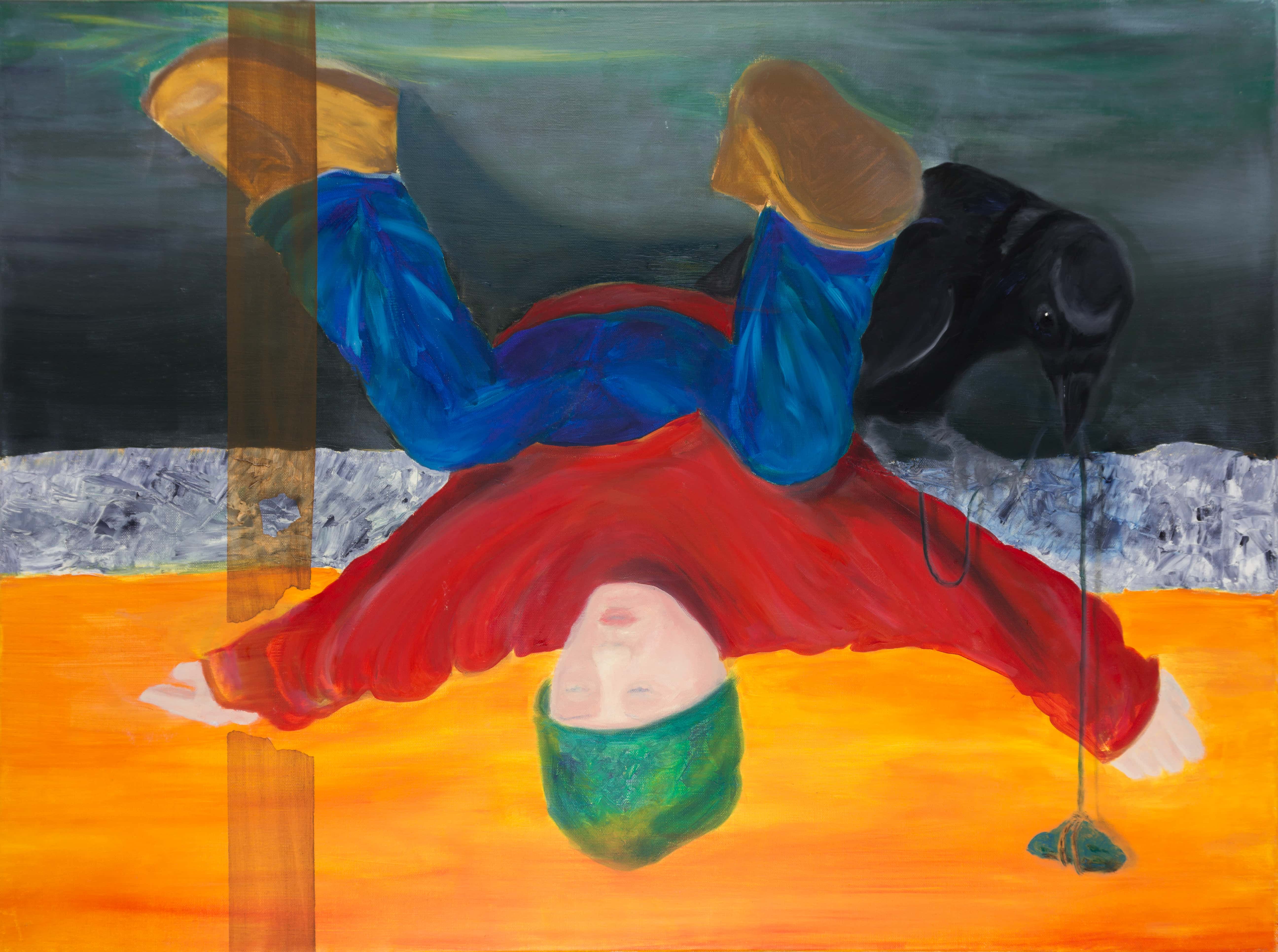 Malerei, Öl auf Leinwand, 80cm x 60cm, Figur kopfüber hängend mit Raben, artist: Franziska King