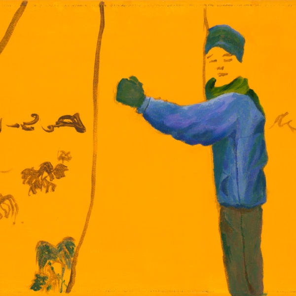 Malerei, Öl auf Leinwand, 40cm x 20cm, Figur umarmt Baum, artist: Franziska King