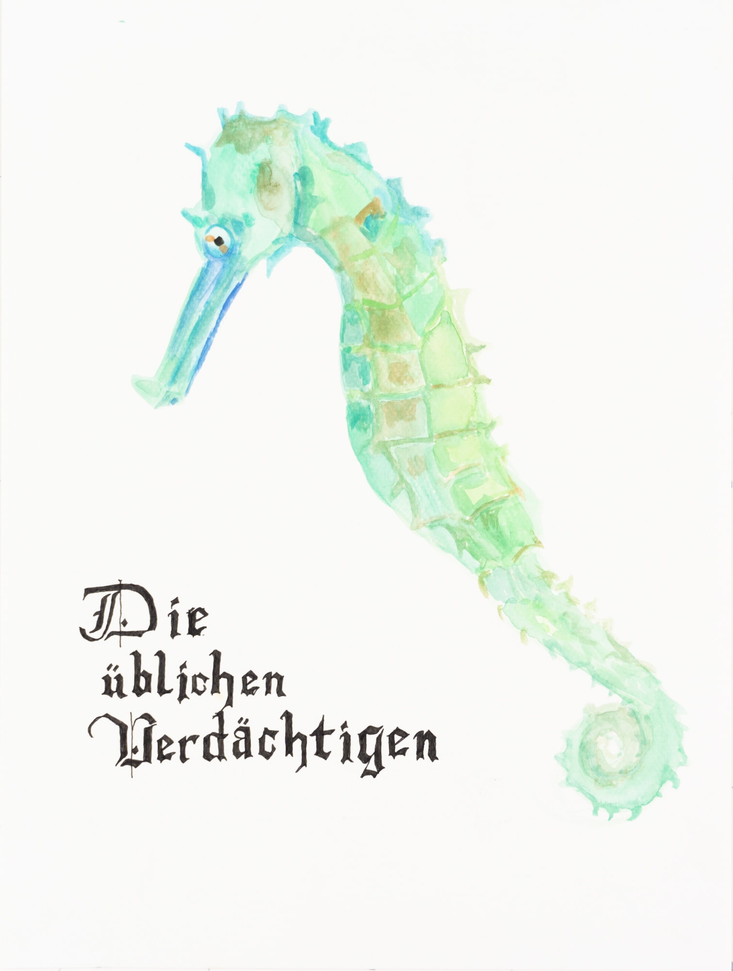 Malerei, Aquarell und Tusche auf Papier, 24cm x 32cm, Seepferdchen mit Text "Die üblichen Verdächtigen", artist: Franziska King