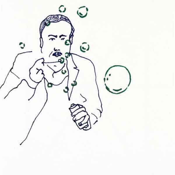 Zeichnung, Marker auf Papier, 14,8cm x 21cm, Mann mit Seifenblasen, artist: Franziska King