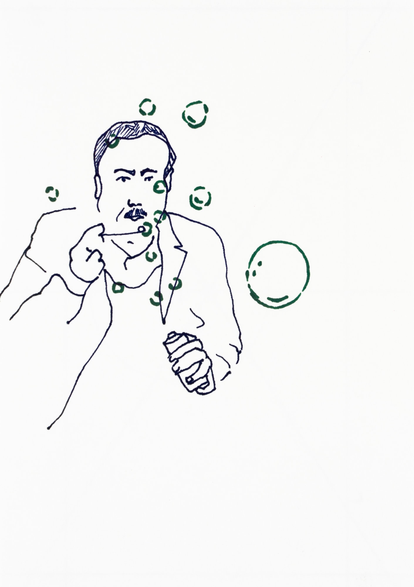 Zeichnung, Marker auf Papier, 14,8cm x 21cm, Mann mit Seifenblasen, artist: Franziska King