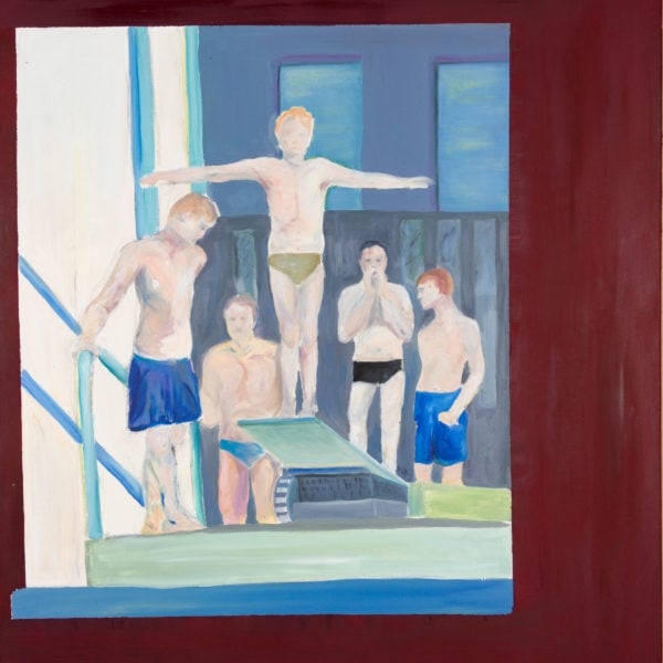 Malerei, Öl auf Leinwand, 80cm x 110cm, Burschen auf Sprungturm im Schwimmbad , artist: Franziska King