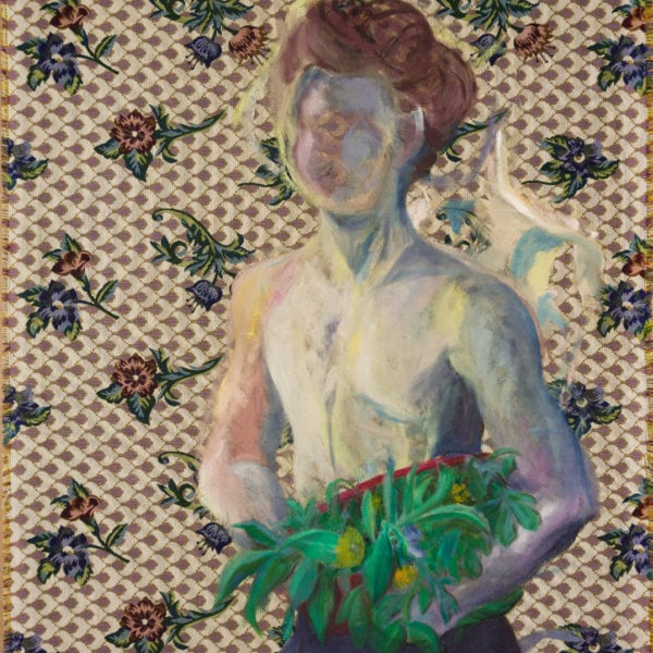 Malerei, Öl auf Gobelin, 91cm x 108cm, Figur mit Blumen auf Gobelin, artist: Franziska King