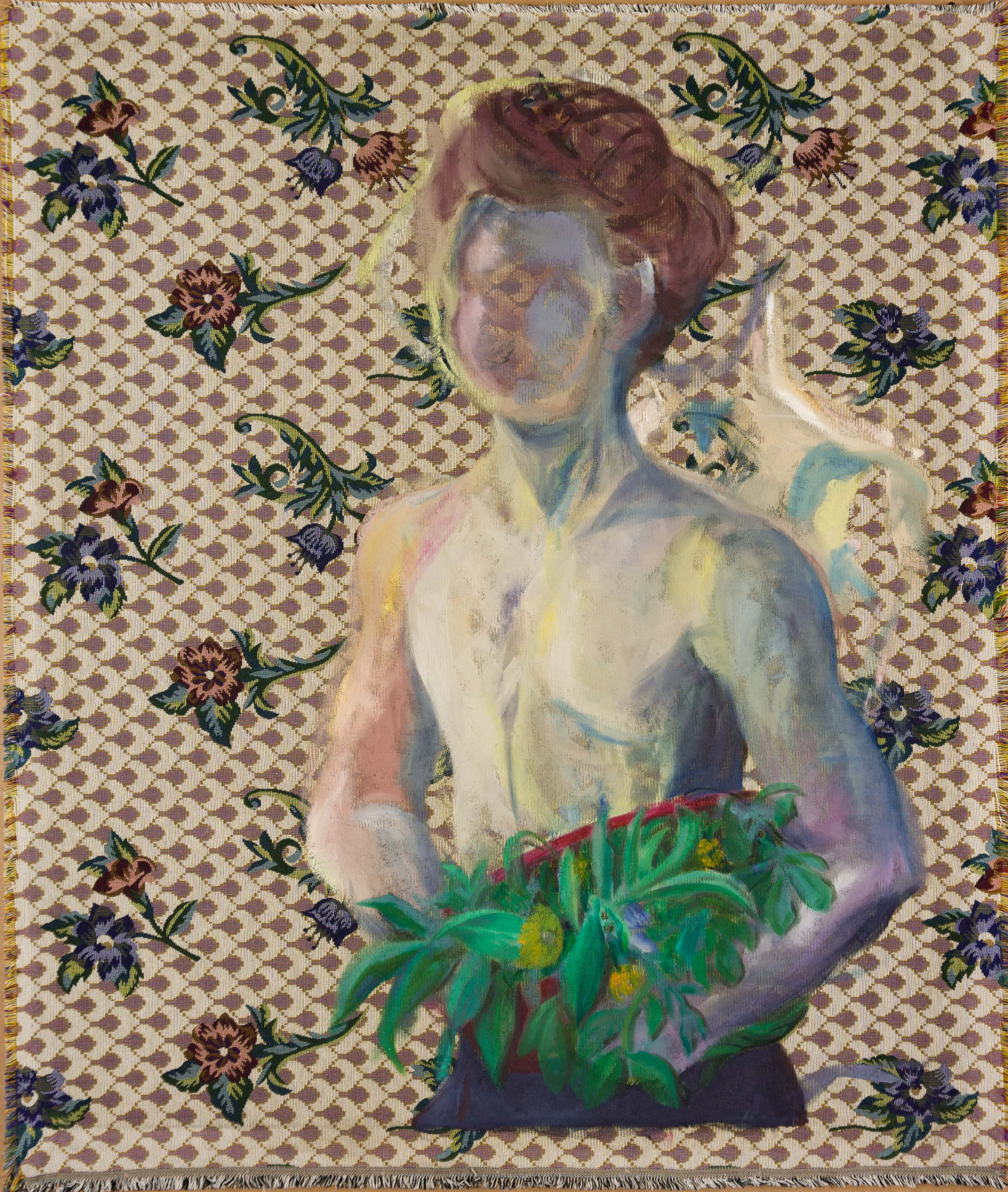 Malerei, Öl auf Gobelin, 91cm x 108cm, Figur mit Blumen auf Gobelin, artist: Franziska King