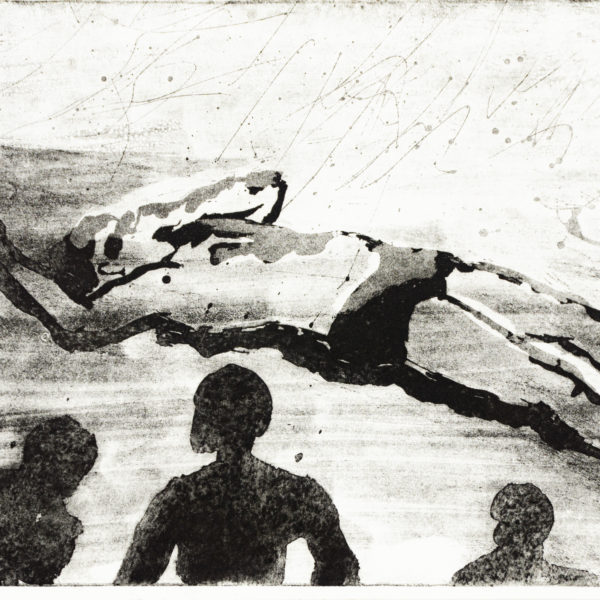 Radierung, 24cm x 17cm, Figuren beobachten einen gestrandeten Mann, artist: Franziska King