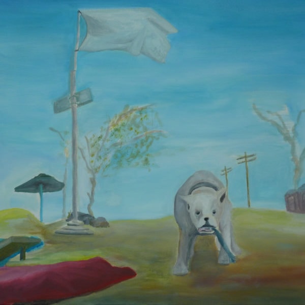 Malerei, Öl auf Leinwand, 40cm x 40cm, weisser Hund in stilisierter Landschaft, artist: Franziska King