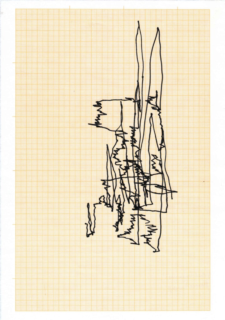 Zeichnung, Tusche auf Papier, 21cm x 30cm, seismographische Aufzeichnungen in öffentlichen Verkehr, artist: Franziska King