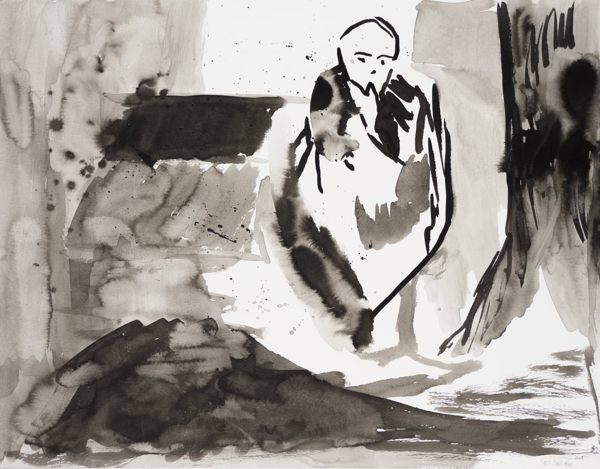 Malerei, Tusche auf Papier, 42cm x 29,7cm, meditierender Mensch, artist: Franziska King