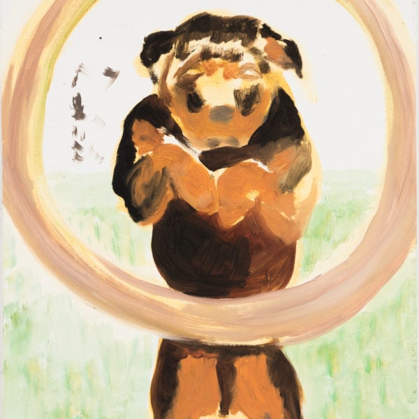 Malerei, Öl auf Karton, 26cm x 41cm, Hund springt durch Reifen, artist: Franziska King