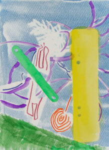 Cyanotypie, Aquarell und Farbstift auf Papier, 14,8x21cm, abstrakte Figuren und Bürogegenstände, Künstlerin: Franziska King