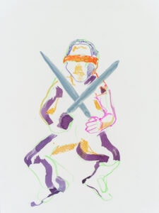 Farbstift, Tusche und Wachspastell auf Papier, 24x32cm, Krieger mit zwei Schwertern, Künstlerin: Franziska King